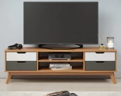 TV-Lowboard "Scandik" In Massivholz Kiefer Honigfarben Lackiert Mit Weiß Und Grau TV Unterteil 140 X 42 Cm