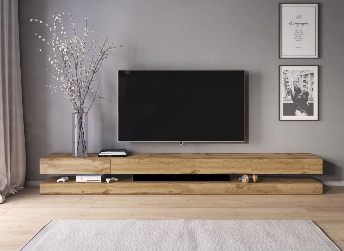 TV-Lowboard "Bird" In Wotan Eiche TV-Unterteil 4-teilig XXL-Board 280 Cm Hängend Inkl. Beleuchtung 4 TV-Lowboard "Bird" In Wotan Eiche TV-Unterteil 4-teilig XXL-Board 280 Cm Hängend Inkl. Beleuchtung – Bild 2