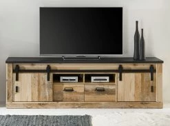 TV-Lowboard "Stove" In Used Wood Hell Und Anthrazit TV Unterteil In Komforthöhe 201 X 61 Cm