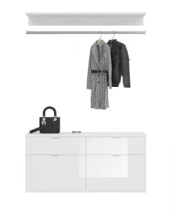 Garderobe Set 3-teilig "ProjektX" In Weiß Hochglanz Kommode Und Kleiderstange 121 Cm