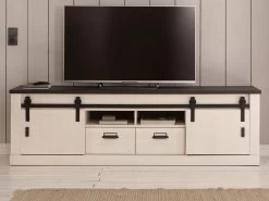 TV-Lowboard "Stove" In Weiß Pinie Und Anthrazit Landhaus TV Unterteil In Komforthöhe 201 X 61 Cm