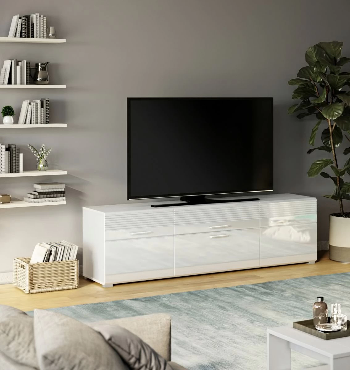 TV-Lowboard "Linus" In Weiß Hochglanz TV Unterteil 185 X 53 Cm 3 TV-Lowboard "Linus" In Weiß Hochglanz TV Unterteil 185 X 53 Cm