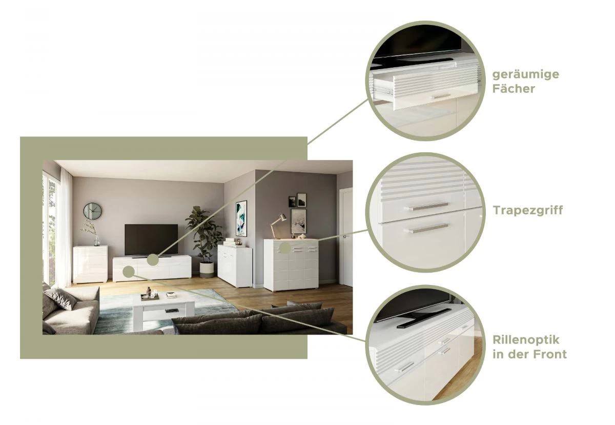 TV-Lowboard "Linus" In Weiß Hochglanz TV Unterteil 185 X 53 Cm 6 TV-Lowboard "Linus" In Weiß Hochglanz TV Unterteil 185 X 53 Cm – Bild 4