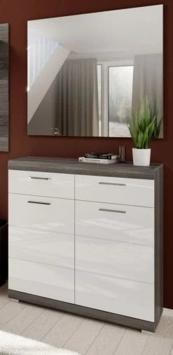 Schuhschrank "Scout" In Weiß Hochglanz Und Rauchsilber Grau Flur Kommode 90 X 96 Cm -Wohnwelt Verkauf 8532 5