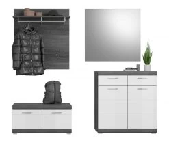 Garderobe Set 4-teilig "Scout" In Weiß Hochglanz Und Rauchsilber Grau Garderobenkombination 195 X 197 Cm