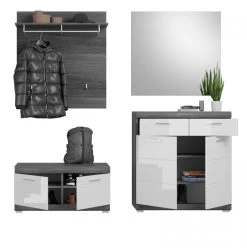 Garderobe Set 4-teilig "Scout" In Weiß Hochglanz Und Rauchsilber Grau Garderobenkombination 195 X 197 Cm -Wohnwelt Verkauf 8538 7