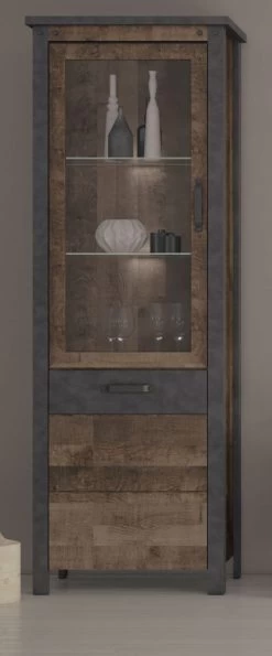 Vitrine "Oliver" In Tabak Eiche Und Matera Grau Wohn- Und Esszimmer Vitrinenschrank 69 X 196 Cm
