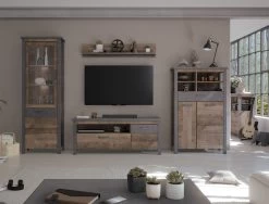 Vitrine "Oliver" In Tabak Eiche Und Matera Grau Wohn- Und Esszimmer Vitrinenschrank 69 X 196 Cm -Wohnwelt Verkauf 8763 3