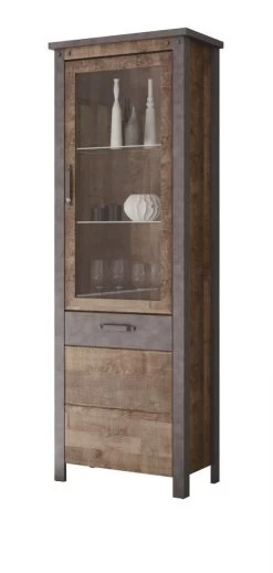 Vitrine "Oliver" In Tabak Eiche Und Matera Grau Wohn- Und Esszimmer Vitrinenschrank 69 X 196 Cm -Wohnwelt Verkauf 8763 6
