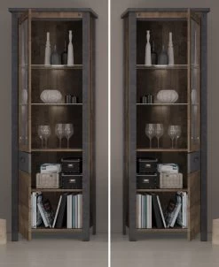 Vitrine "Oliver" In Tabak Eiche Und Matera Grau Wohn- Und Esszimmer Vitrinenschrank 69 X 196 Cm -Wohnwelt Verkauf 8763 7