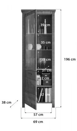Vitrine "Oliver" In Tabak Eiche Und Matera Grau Wohn- Und Esszimmer Vitrinenschrank 69 X 196 Cm -Wohnwelt Verkauf 8763 8