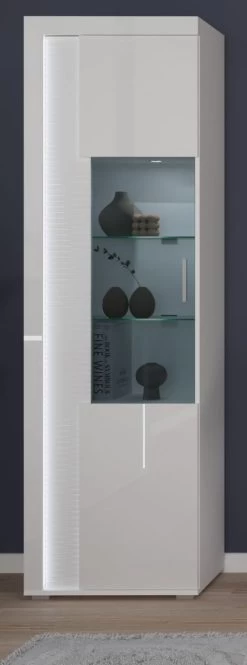Vitrine "Skylight" In Weiß Hochglanz Vitrinenschrank Inklusive Frontbeleuchtung 60 X 202 Cm
