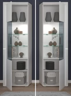 Vitrine "Skylight" In Weiß Hochglanz Vitrinenschrank Inklusive Frontbeleuchtung 60 X 202 Cm -Wohnwelt Verkauf 8790 6