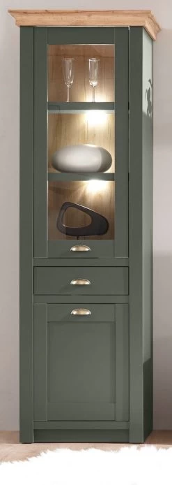 Vitrine "Norwich" In Grün Und Wotan Eiche Landhaus Vitrinenschrank 68 X 207 Cm