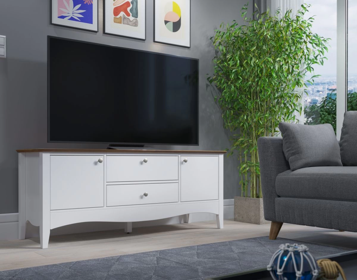 TV-Lowboard "Lissabon" In Kiefer Teilmassiv Weiß Lackiert Landhaus TV Unterteil 140 X 58 Cm 5 TV-Lowboard "Lissabon" In Kiefer Teilmassiv Weiß Lackiert Landhaus TV Unterteil 140 X 58 Cm – Bild 3