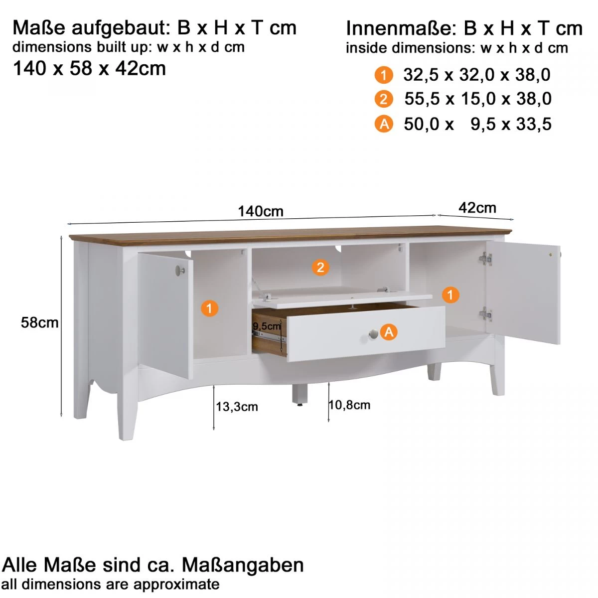 TV-Lowboard "Lissabon" In Kiefer Teilmassiv Weiß Lackiert Landhaus TV Unterteil 140 X 58 Cm 10 TV-Lowboard "Lissabon" In Kiefer Teilmassiv Weiß Lackiert Landhaus TV Unterteil 140 X 58 Cm – Bild 8