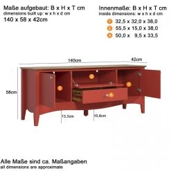 TV-Lowboard "Lissabon" In Kiefer Teilmassiv Rot Lackiert Landhaus TV Unterteil 140 X 58 Cm -Wohnwelt Verkauf 9018 8