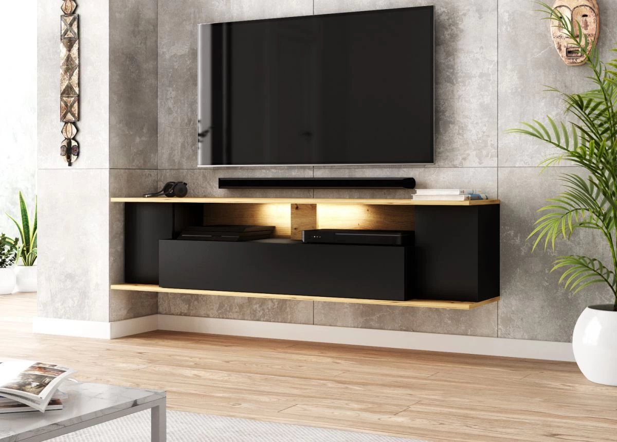 TV-Lowboard "Ronja" In Schwarz Und Artisan Eiche TV-Unterteil Hängend Mit LED Beleuchtung 160 X 39 Cm 6 TV-Lowboard "Ronja" In Schwarz Und Artisan Eiche TV-Unterteil Hängend Mit LED Beleuchtung 160 X 39 Cm – Bild 4