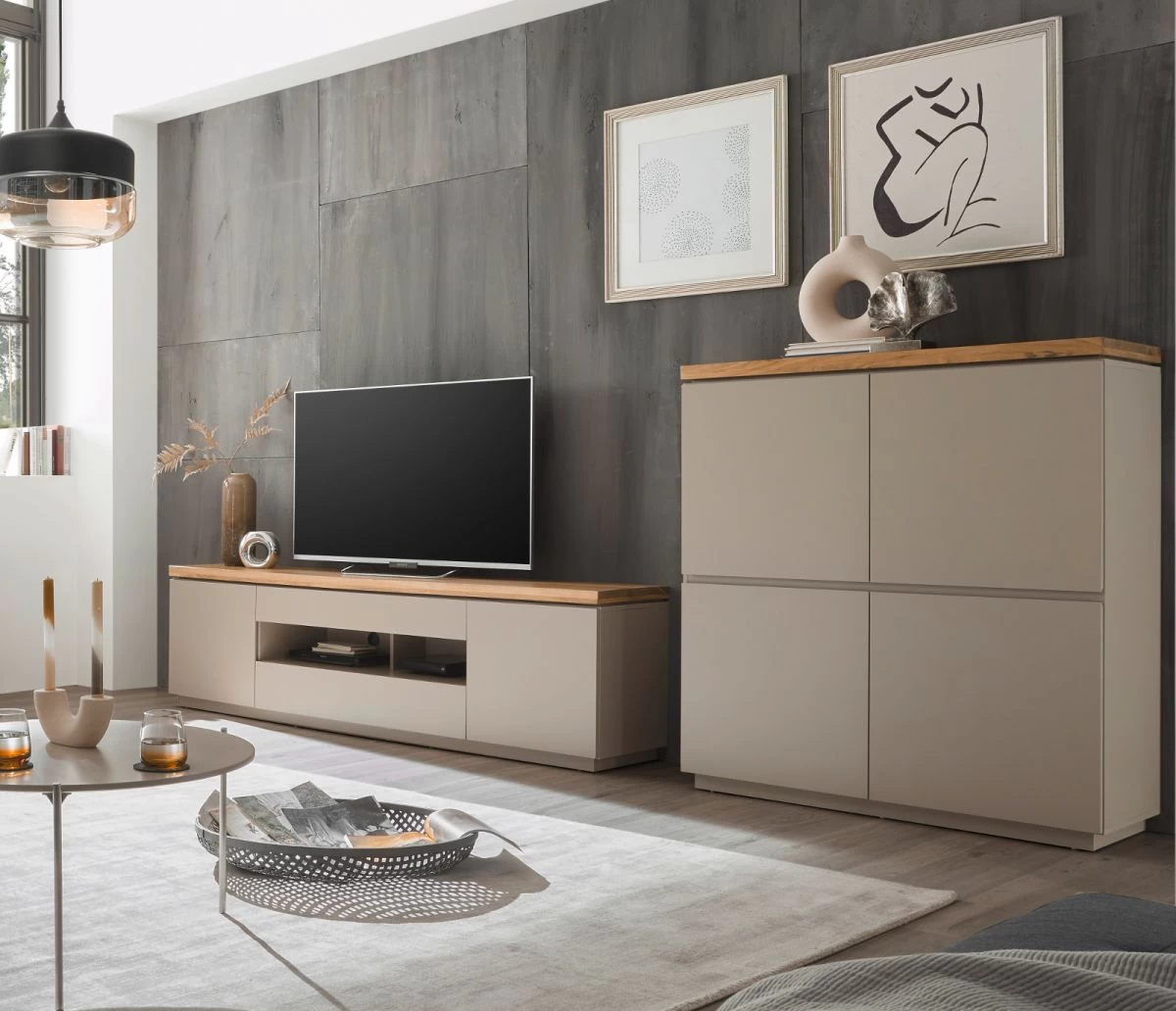 Kommode "Palamos" In Warmgrau Matt Lackiert Und Akazie Massiv Wohn- Und Esszimmer Highboard 113 X 123 Cm 7 Kommode "Palamos" In Warmgrau Matt Lackiert Und Akazie Massiv Wohn- Und Esszimmer Highboard 113 X 123 Cm – Bild 5