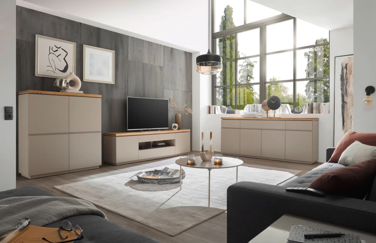 Kommode "Palamos" In Warmgrau Matt Lackiert Und Akazie Massiv Wohn- Und Esszimmer Highboard 113 X 123 Cm 8 Kommode "Palamos" In Warmgrau Matt Lackiert Und Akazie Massiv Wohn- Und Esszimmer Highboard 113 X 123 Cm – Bild 6