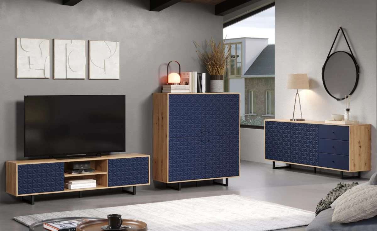 TV-Lowboard "Sentra" In Blau Matt Mit 3-D Struktur Und Eiche Artisan TV-Unterteil 184 Cm 8 TV-Lowboard "Sentra" In Blau Matt Mit 3-D Struktur Und Eiche Artisan TV-Unterteil 184 Cm – Bild 6