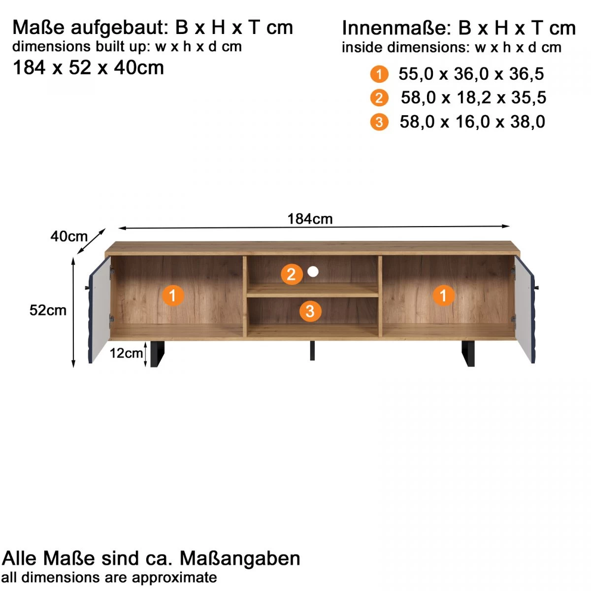 TV-Lowboard "Sentra" In Blau Matt Mit 3-D Struktur Und Eiche Artisan TV-Unterteil 184 Cm 11 TV-Lowboard "Sentra" In Blau Matt Mit 3-D Struktur Und Eiche Artisan TV-Unterteil 184 Cm – Bild 9