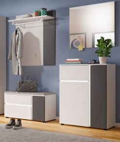 Garderobe Set 4-teilig "Kato" In Weiß Und Grau Garderobenkombination Inklusive Frontbeleuchtung 175 X 190 Cm