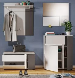 Garderobe Set 4-teilig "Kato" In Weiß Und Grau Garderobenkombination Inklusive Frontbeleuchtung 175 X 190 Cm -Wohnwelt Verkauf 9583 5