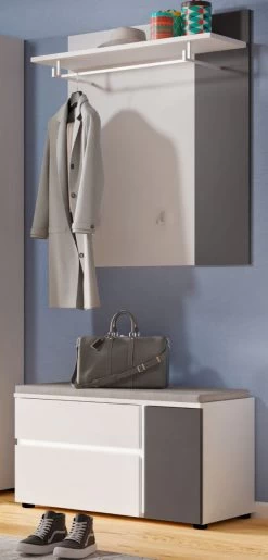 Garderobe Set 2-teilig "Kato" In Weiß Und Grau Garderobenkombination Inklusive Frontbeleuchtung 85 X 190 Cm