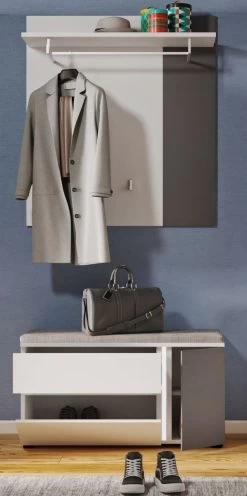 Garderobe Set 2-teilig "Kato" In Weiß Und Grau Garderobenkombination Inklusive Frontbeleuchtung 85 X 190 Cm -Wohnwelt Verkauf 9584 5