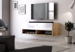 TV-Lowboard "Epsom" In Weiß Hochglanz Und Wotan Eiche TV Unterteil Hängend 100 X 30 Cm -Wohnwelt Verkauf 9738 4