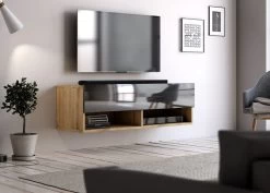 TV-Lowboard "Epsom" In Schwarz Hochglanz Und Wotan Eiche TV Unterteil Hängend 100 X 30 Cm