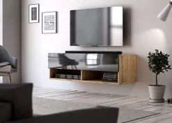 TV-Lowboard "Epsom" In Schwarz Hochglanz Und Wotan Eiche TV Unterteil Hängend 100 X 30 Cm -Wohnwelt Verkauf 9739 4