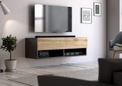 TV-Lowboard "Epsom" In Wotan Eiche Und Schwarz TV Unterteil Hängend 100 X 30 Cm