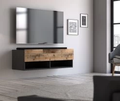 TV-Lowboard "Epsom" In Used Wood Und Matera Grau TV Unterteil Hängend 100 X 30 Cm