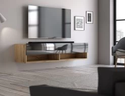 TV-Lowboard "Epsom" In Schwarz Hochglanz Und Wotan Eiche TV Unterteil Hängend 140 X 30 Cm