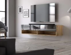 TV-Lowboard "Epsom" In Schwarz Hochglanz Und Wotan Eiche TV Unterteil Hängend 140 X 30 Cm -Wohnwelt Verkauf 9742 4