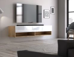 TV-Lowboard "Epsom" In Weiß Hochglanz Und Wotan Eiche TV Unterteil Hängend 140 X 30 Cm