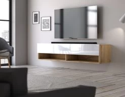 TV-Lowboard "Epsom" In Weiß Hochglanz Und Wotan Eiche TV Unterteil Hängend 140 X 30 Cm -Wohnwelt Verkauf 9743 4