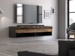 TV-Lowboard "Epsom" In Used Wood Und Matera Grau TV Unterteil Hängend 140 X 30 Cm