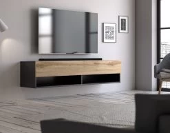 TV-Lowboard "Epsom" In Wotan Eiche Und Schwarz TV Unterteil Hängend 140 X 30 Cm