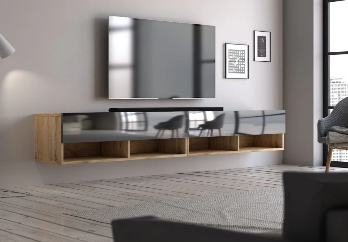 TV-Lowboard "Epsom" In Schwarz Hochglanz Und Wotan Eiche XL TV Unterteil Hängend 200 X 30 Cm 3 TV-Lowboard "Epsom" In Schwarz Hochglanz Und Wotan Eiche XL TV Unterteil Hängend 200 X 30 Cm