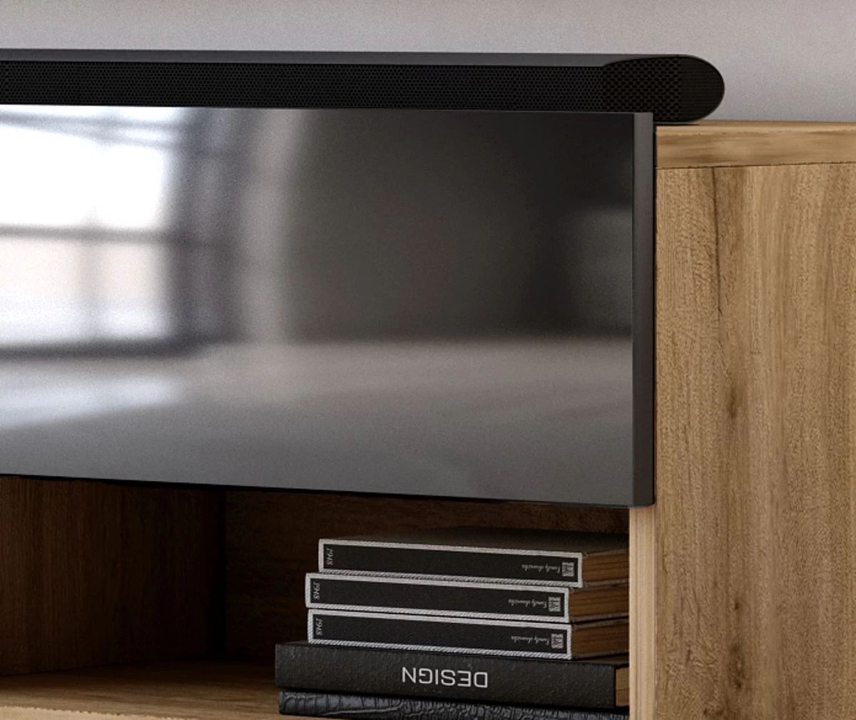 TV-Lowboard "Epsom" In Schwarz Hochglanz Und Wotan Eiche XL TV Unterteil Hängend 200 X 30 Cm 4 TV-Lowboard "Epsom" In Schwarz Hochglanz Und Wotan Eiche XL TV Unterteil Hängend 200 X 30 Cm – Bild 2