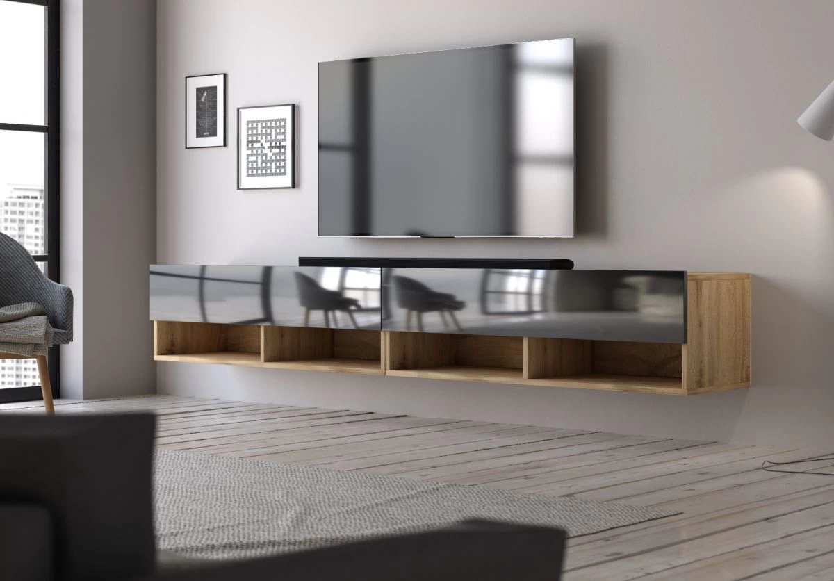 TV-Lowboard "Epsom" In Schwarz Hochglanz Und Wotan Eiche XL TV Unterteil Hängend 200 X 30 Cm 6 TV-Lowboard "Epsom" In Schwarz Hochglanz Und Wotan Eiche XL TV Unterteil Hängend 200 X 30 Cm – Bild 4