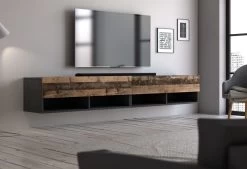 TV-Lowboard "Epsom" In Used Wood Und Matera Grau XL TV Unterteil Hängend 200 X 30 Cm