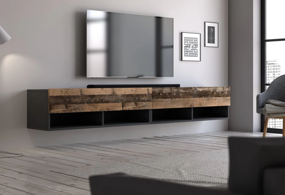 TV-Lowboard "Epsom" In Used Wood Und Matera Grau XL TV Unterteil Hängend 200 X 30 Cm 3 TV-Lowboard "Epsom" In Used Wood Und Matera Grau XL TV Unterteil Hängend 200 X 30 Cm