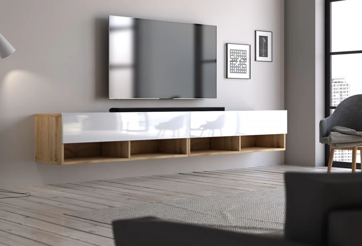 TV-Lowboard "Epsom" In Weiß Hochglanz Und Wotan Eiche XL TV Unterteil Hängend 200 X 30 Cm 3 TV-Lowboard "Epsom" In Weiß Hochglanz Und Wotan Eiche XL TV Unterteil Hängend 200 X 30 Cm