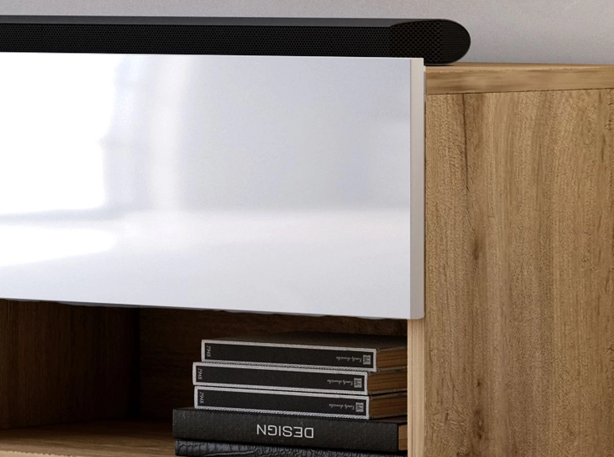 TV-Lowboard "Epsom" In Weiß Hochglanz Und Wotan Eiche XL TV Unterteil Hängend 200 X 30 Cm 4 TV-Lowboard "Epsom" In Weiß Hochglanz Und Wotan Eiche XL TV Unterteil Hängend 200 X 30 Cm – Bild 2