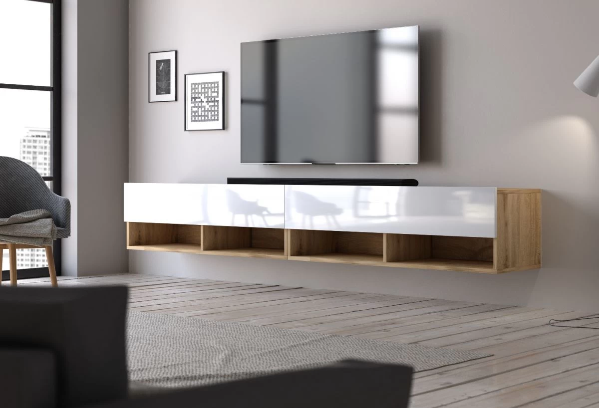 TV-Lowboard "Epsom" In Weiß Hochglanz Und Wotan Eiche XL TV Unterteil Hängend 200 X 30 Cm 6 TV-Lowboard "Epsom" In Weiß Hochglanz Und Wotan Eiche XL TV Unterteil Hängend 200 X 30 Cm – Bild 4