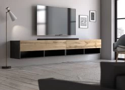 TV-Lowboard "Epsom" In Wotan Eiche Und Schwarz XL TV Unterteil Hängend 200 X 30 Cm